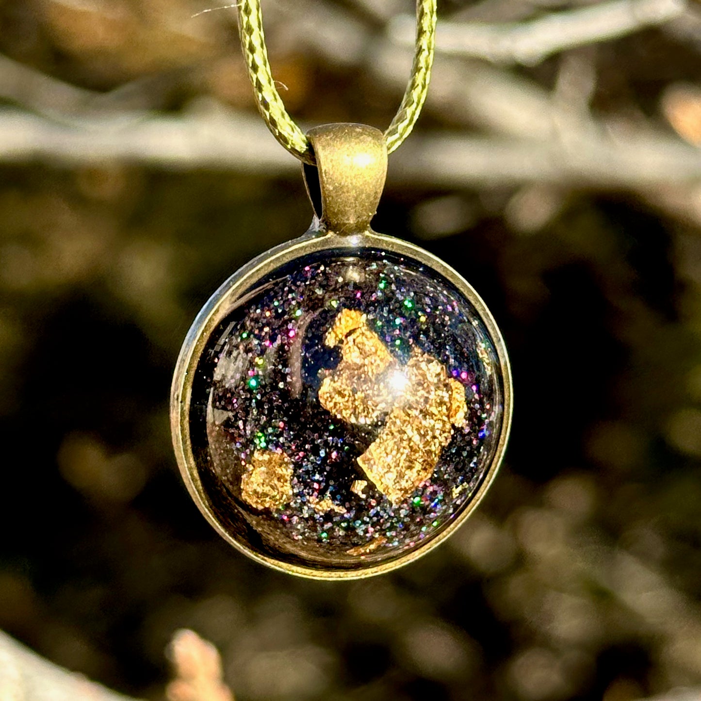Gold Foil Galaxy Resin Pendant – Handmade Cosmic Necklace with Sparkling Glitter – Celestial Jewelry Gift in Antiqued Gold Bezel