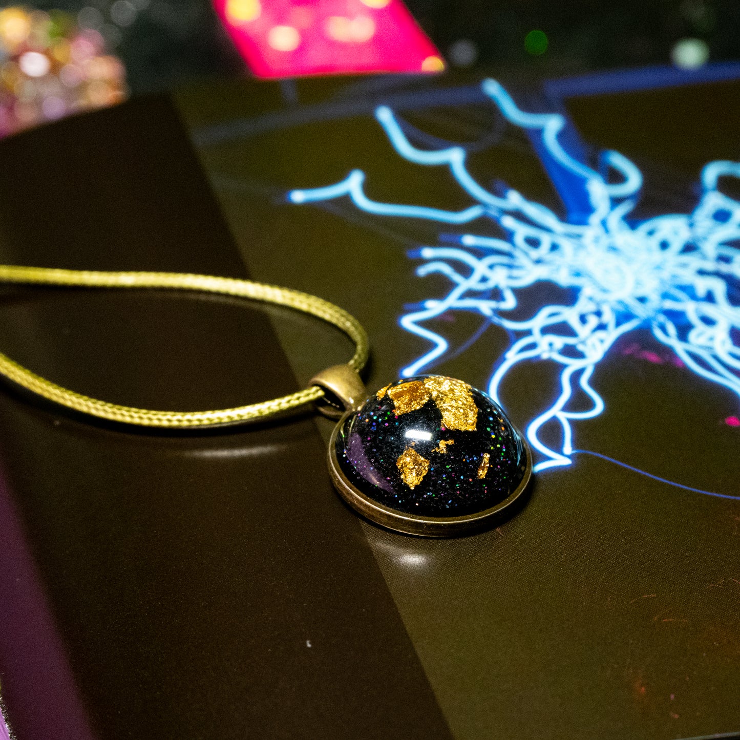 Gold Foil Galaxy Resin Pendant – Handmade Cosmic Necklace with Sparkling Glitter – Celestial Jewelry Gift in Antiqued Gold Bezel