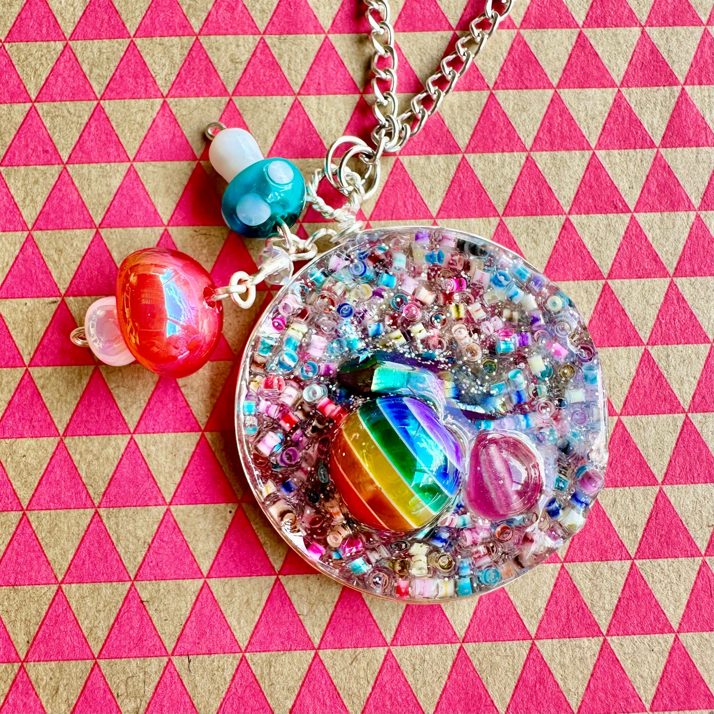 Rainbow Druzy Pendant Necklace with Mushroom Charms