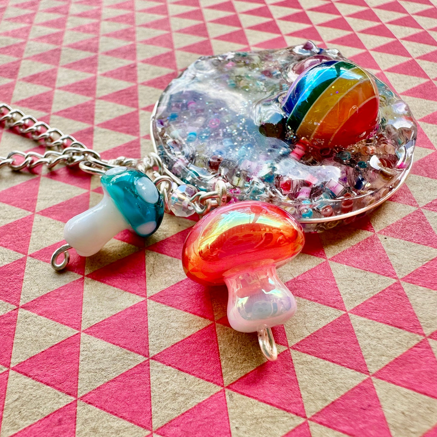Rainbow Druzy Pendant Necklace with Mushroom Charms