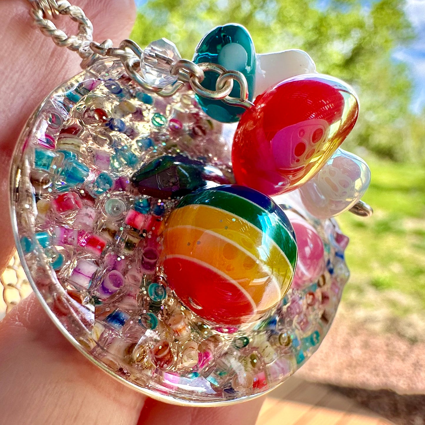 Rainbow Druzy Pendant Necklace with Mushroom Charms