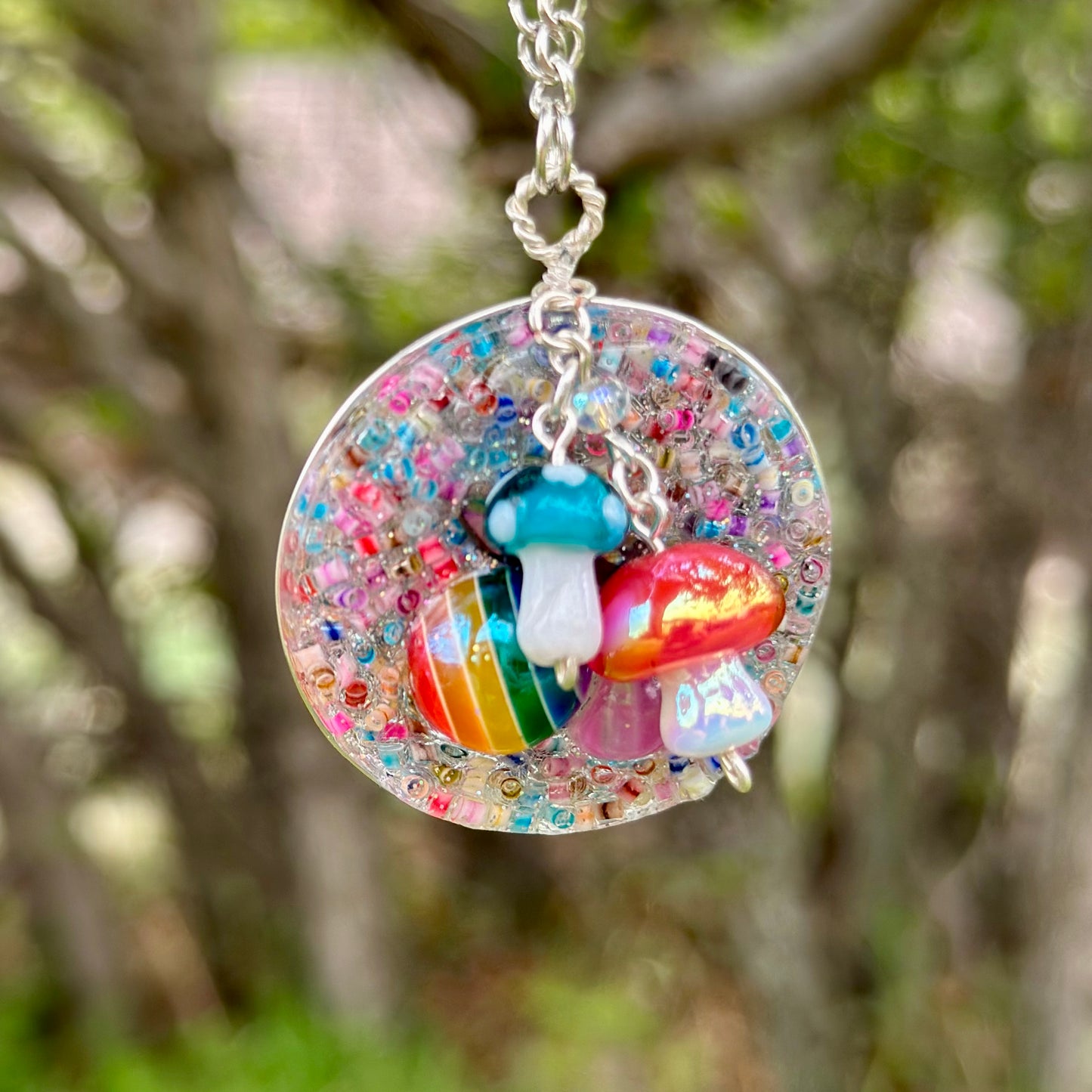 Rainbow Druzy Pendant Necklace with Mushroom Charms