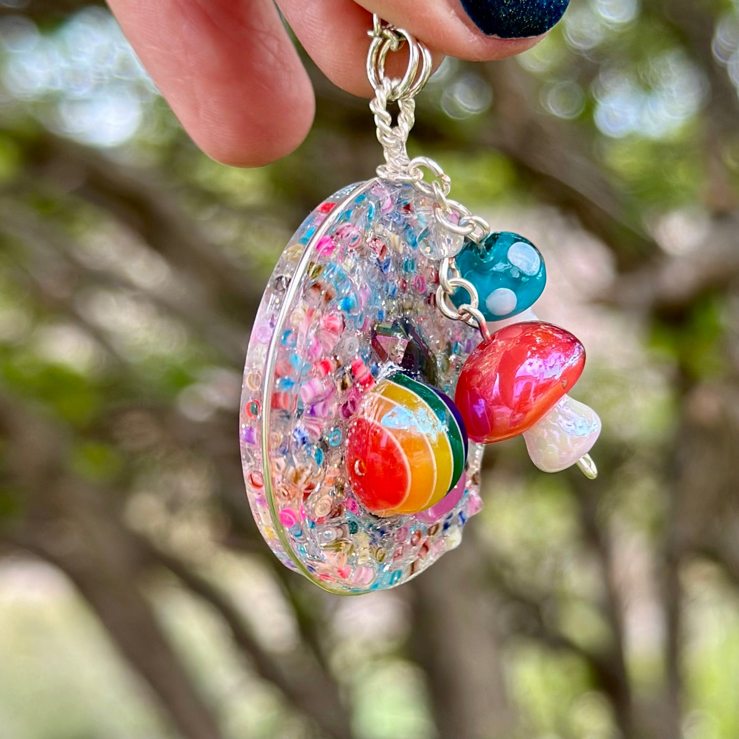 Rainbow Druzy Pendant Necklace with Mushroom Charms