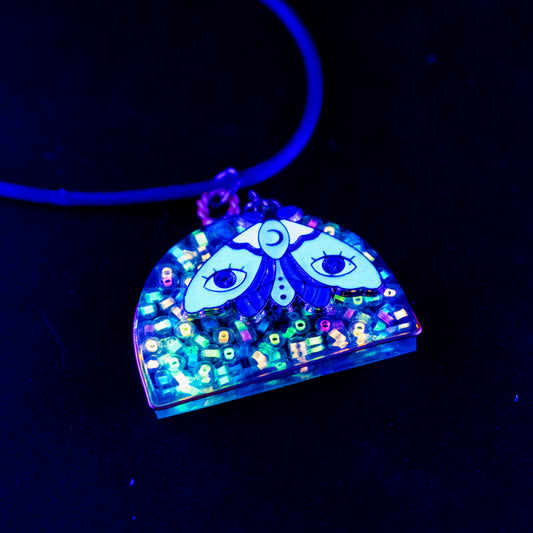 Glow Moth Pendant – UV Reactive Resin Necklace with Beads – Festival Jewelry, Handmade Boho Statement Piece – Glow In the Dark