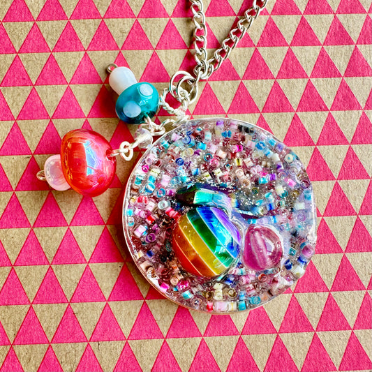 Rainbow Druzy Pendant Necklace with Mushroom Charms