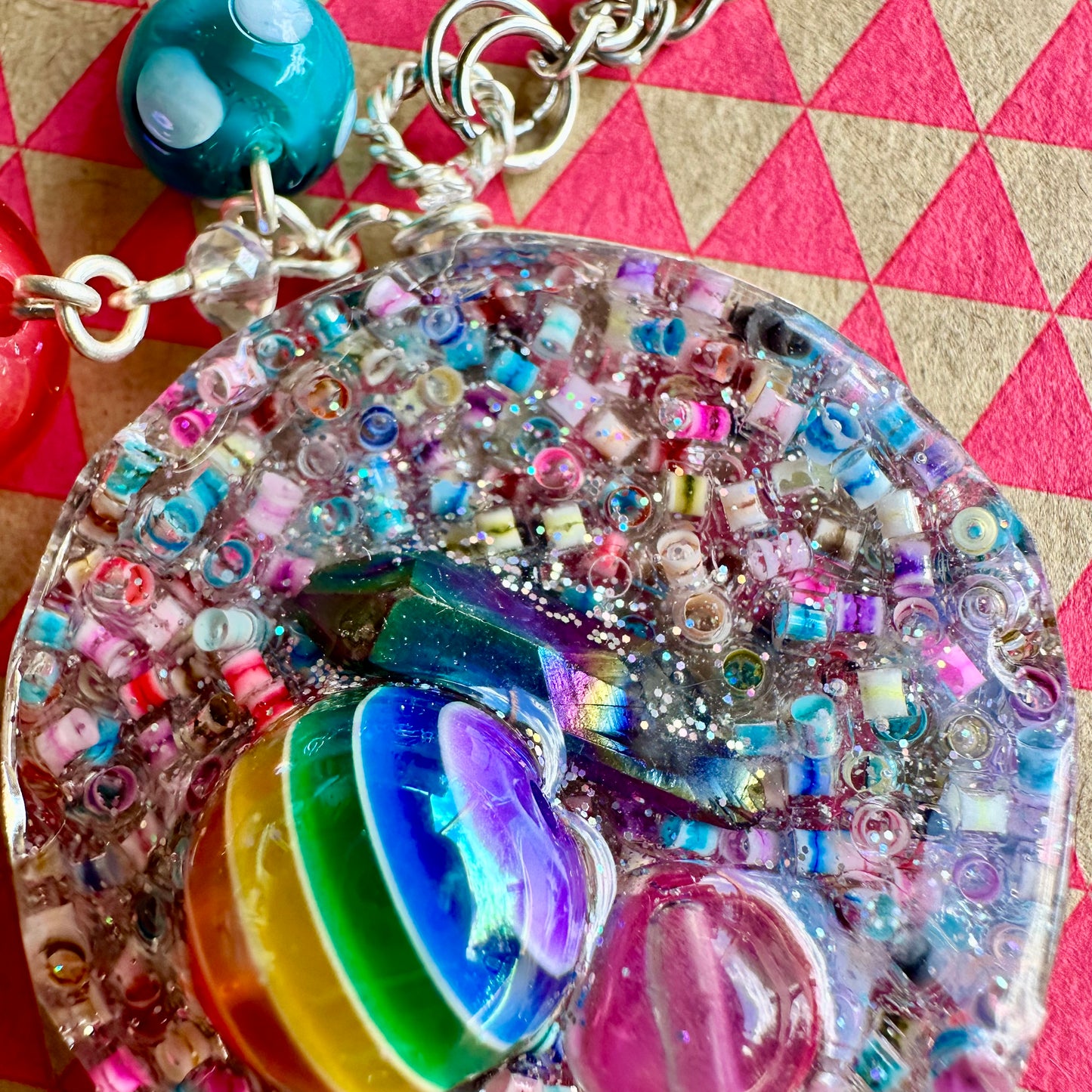 Rainbow Druzy Pendant Necklace with Mushroom Charms