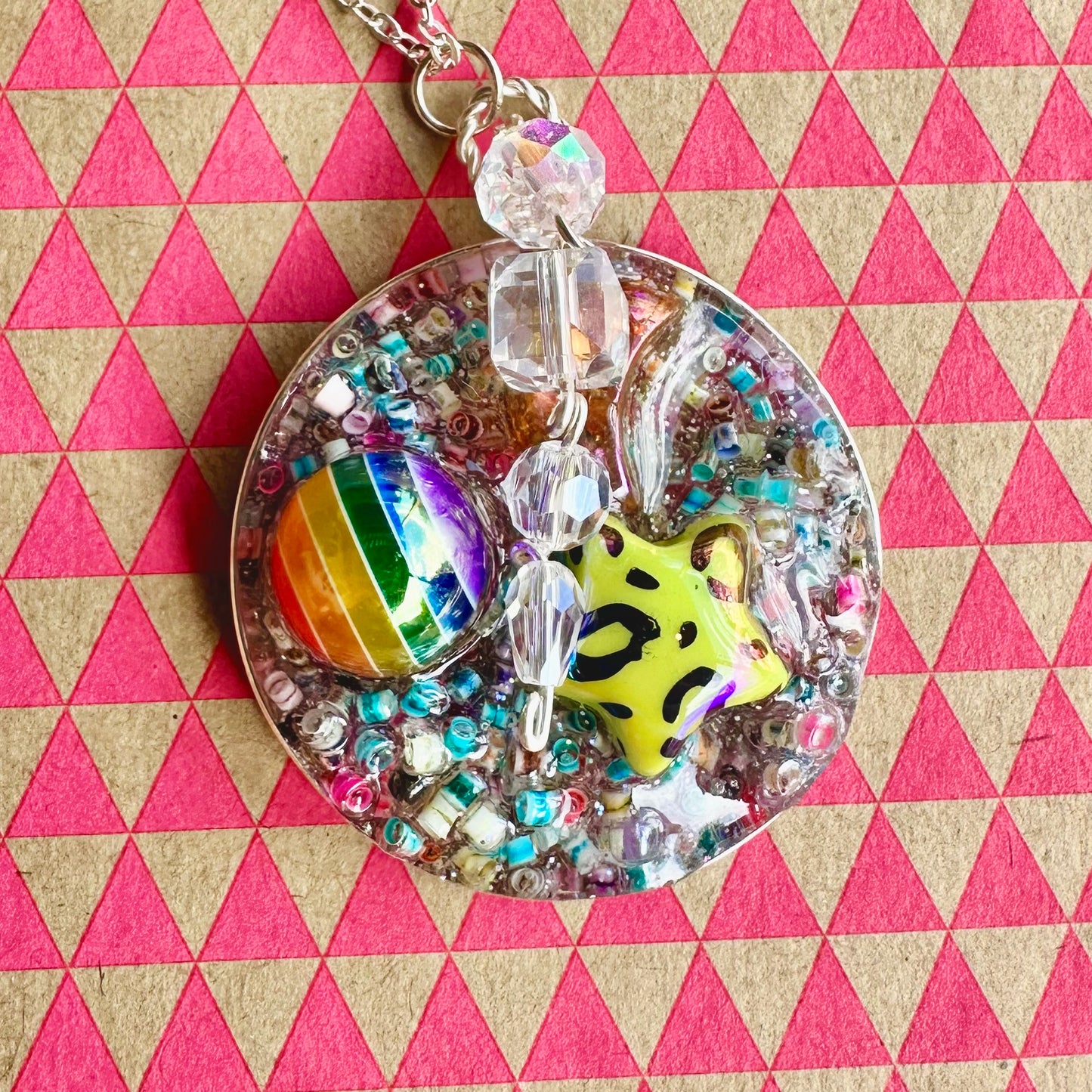 Rainbow Druzy Pendant Necklace with Bead Charm