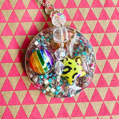 Rainbow Druzy Pendant Necklace with Bead Charm