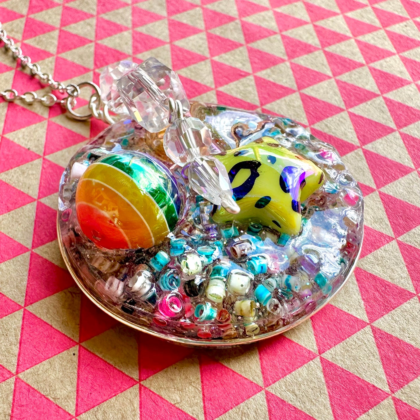 Rainbow Druzy Pendant Necklace with Bead Charm