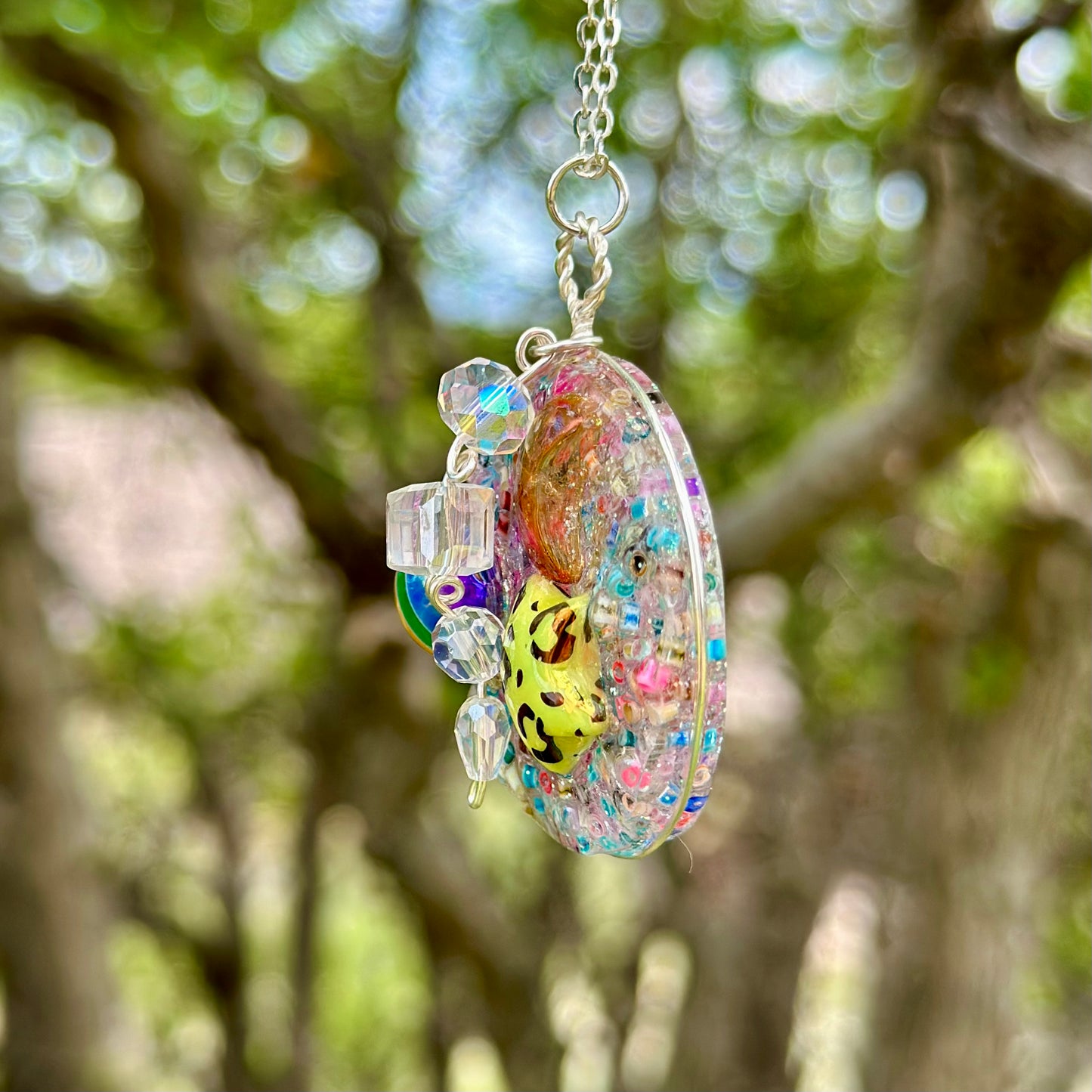 Rainbow Druzy Pendant Necklace with Bead Charm