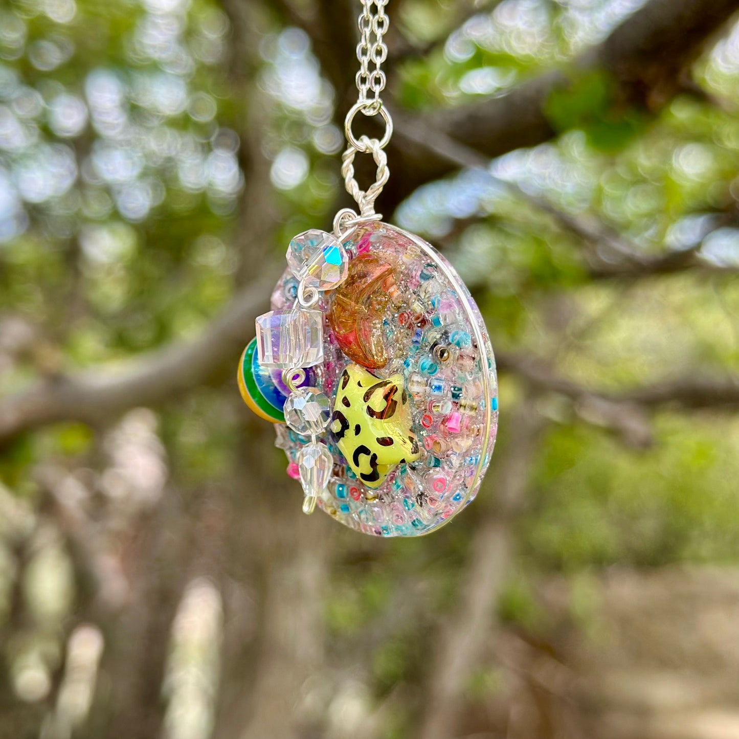 Rainbow Druzy Pendant Necklace with Bead Charm