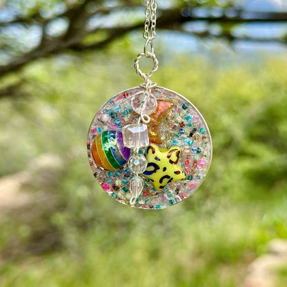 Rainbow Druzy Pendant Necklace with Bead Charm