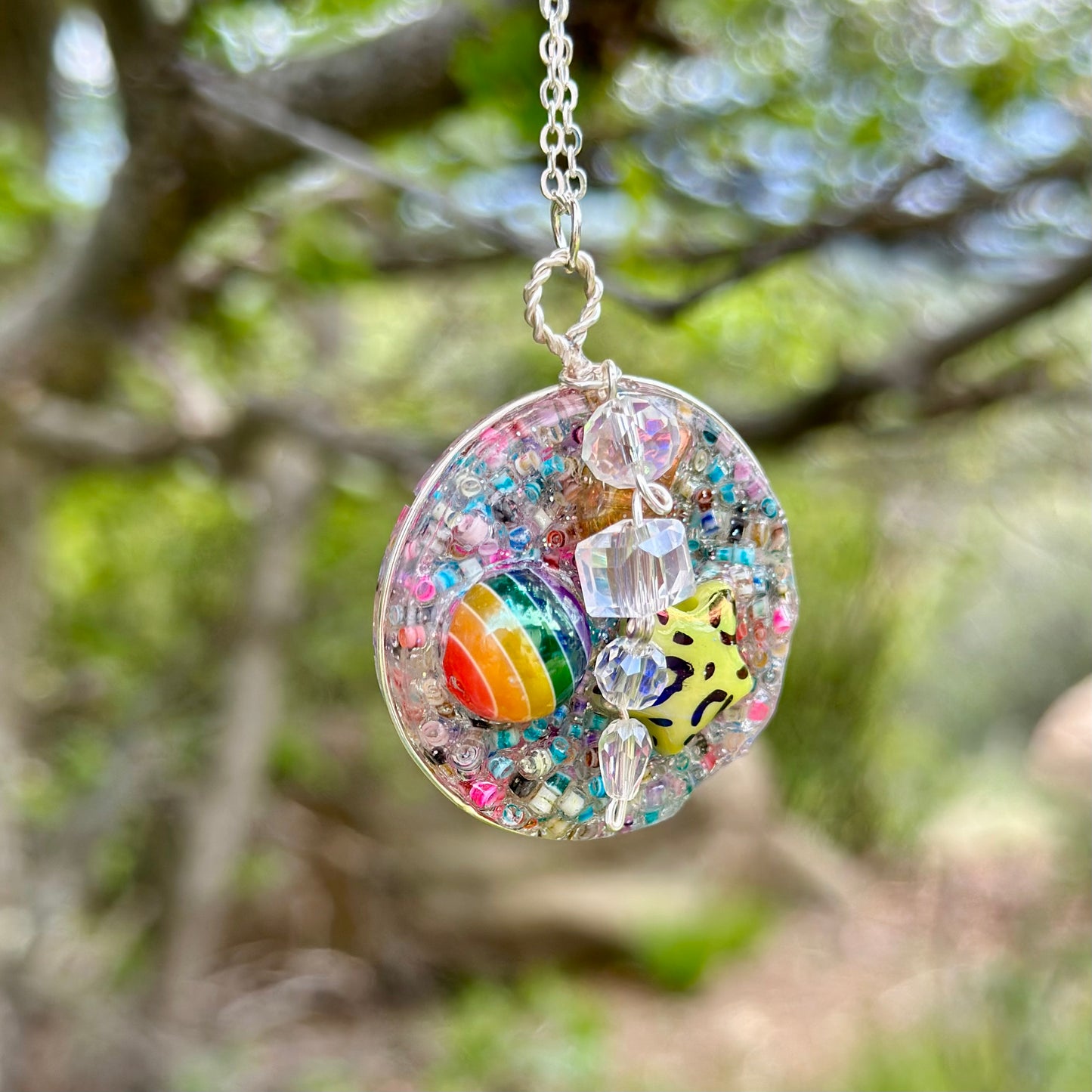 Rainbow Druzy Pendant Necklace with Bead Charm