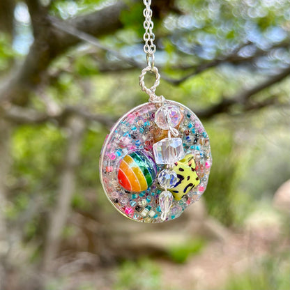 Rainbow Druzy Pendant Necklace with Bead Charm