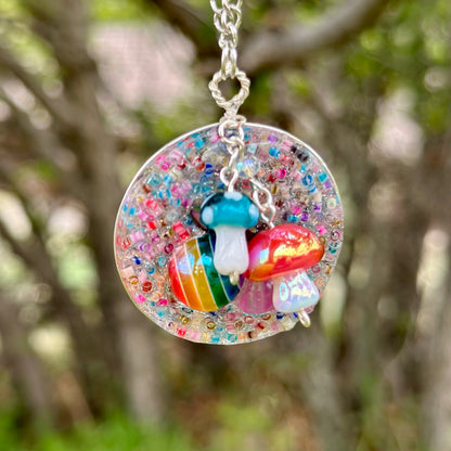 Rainbow Druzy Pendant Necklace with Mushroom Charms