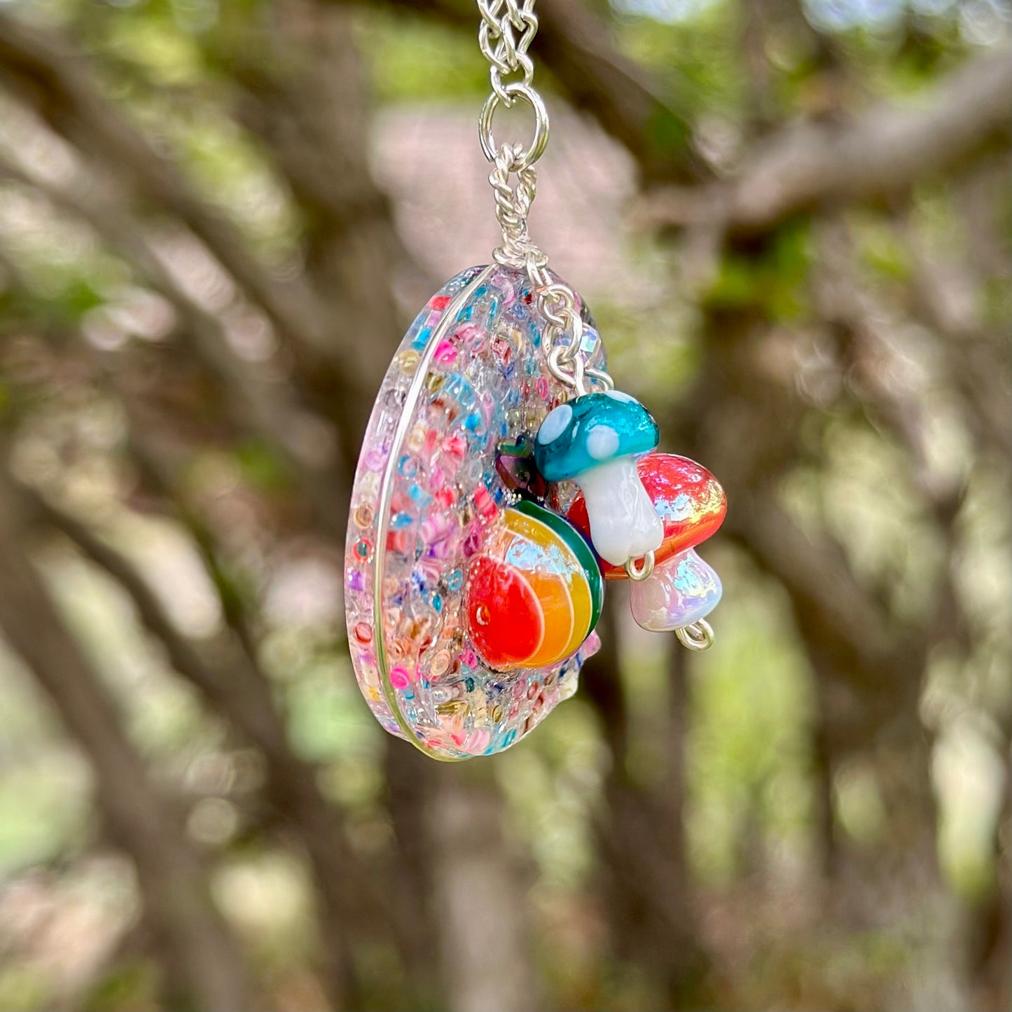 Rainbow Druzy Pendant Necklace with Mushroom Charms