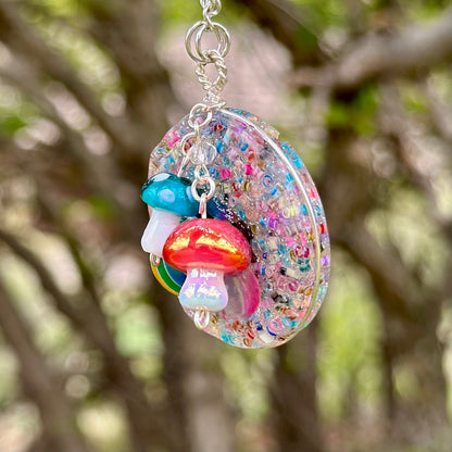 Rainbow Druzy Pendant Necklace with Mushroom Charms