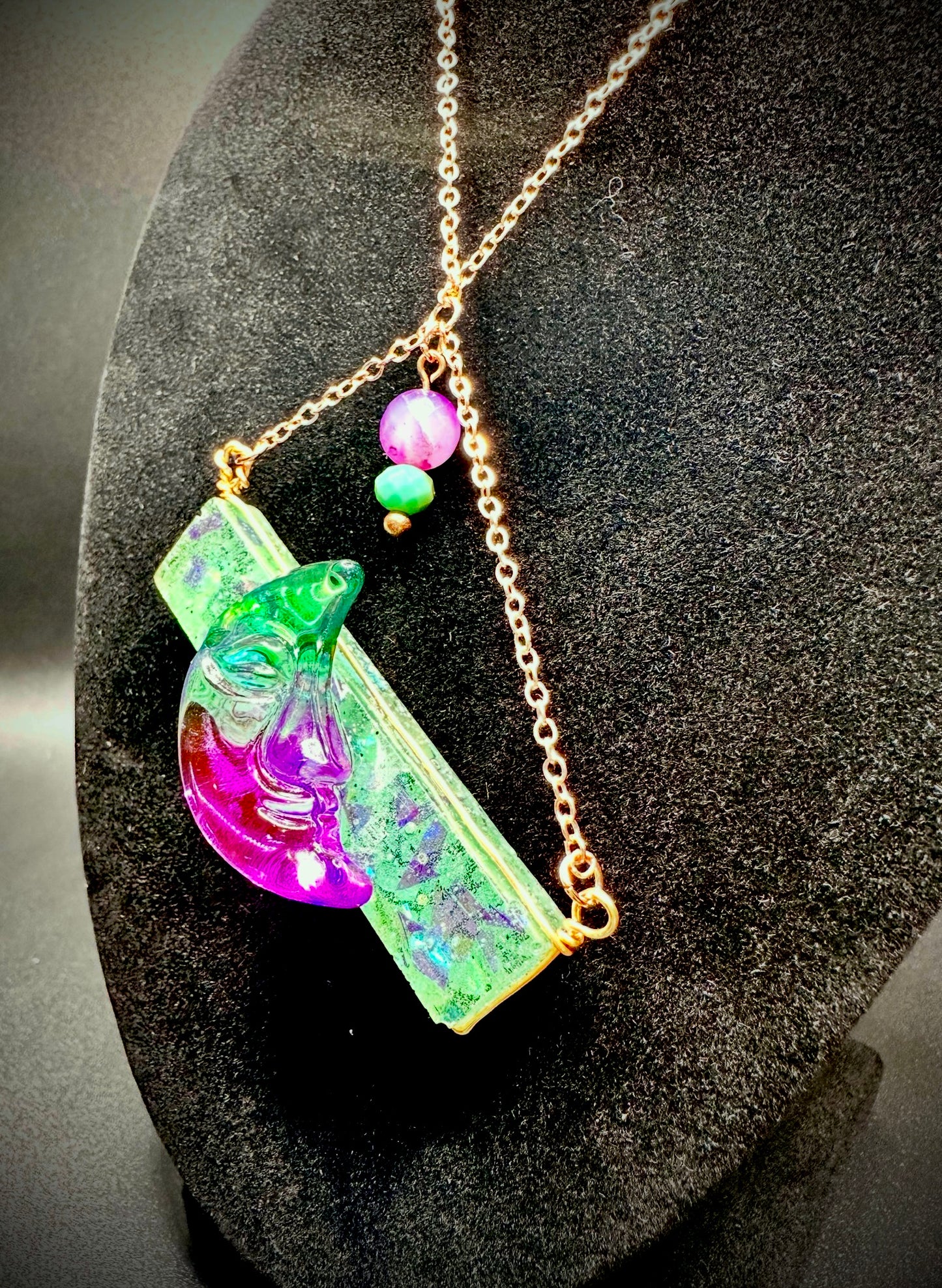 Moon Glow Necklace - UV Reactive Glass Charm & Glitter Resin for Raves, Parties, Festival Jewelry, Blacklight Accessory