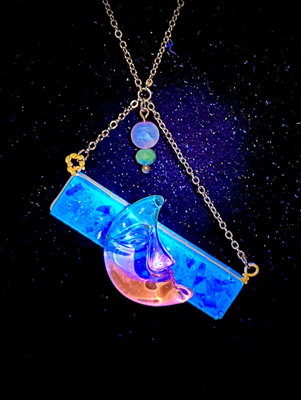 Moon Glow Necklace - UV Reactive Glass Charm & Glitter Resin for Raves, Parties, Festival Jewelry, Blacklight Accessory