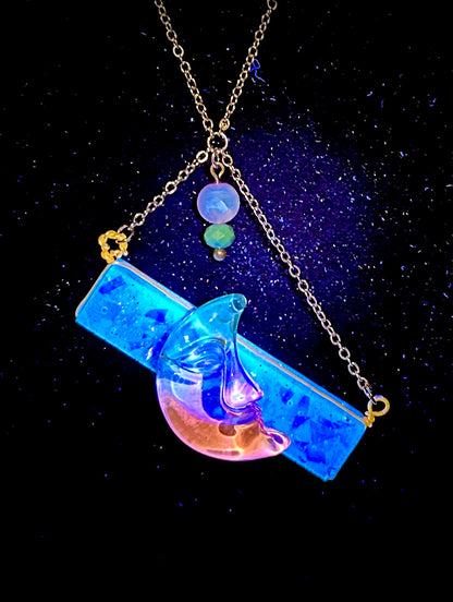 Moon Glow Necklace - UV Reactive Glass Charm & Glitter Resin for Raves, Parties, Festival Jewelry, Blacklight Accessory