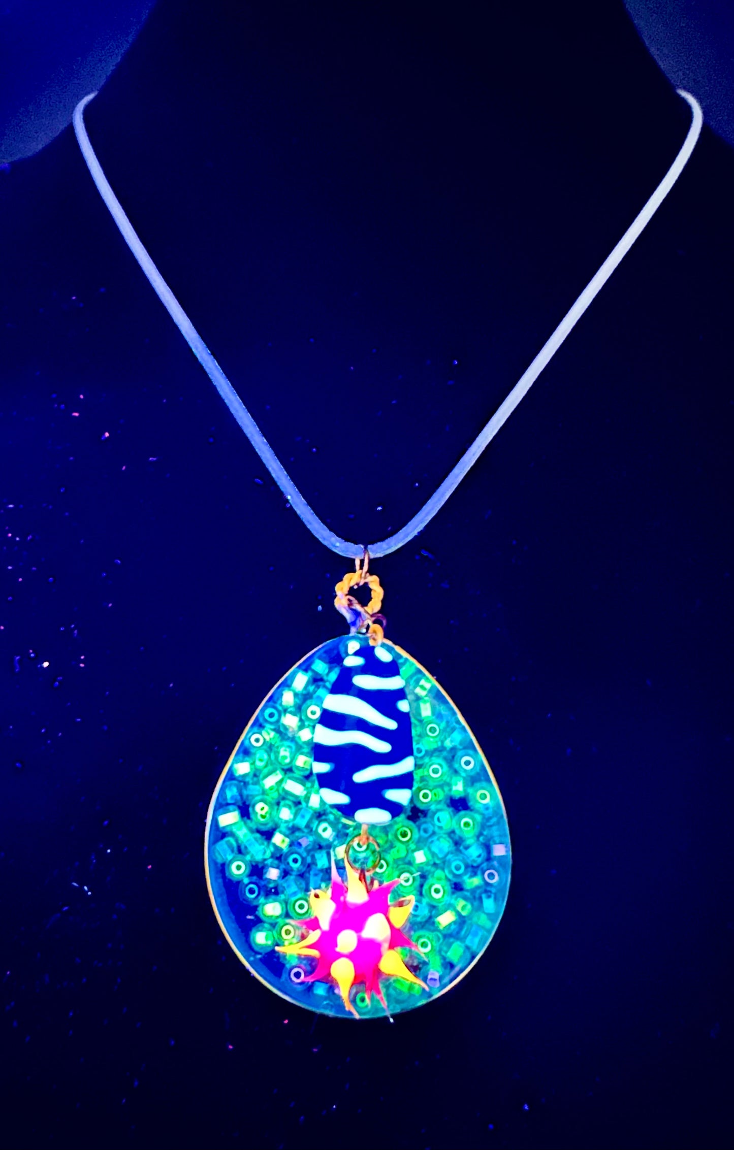 Glowing Necklace for Raves and Parties with UV Reactive Beads & Punk Charms - Neon Festival Jewelry, Unique Gift for Ravers