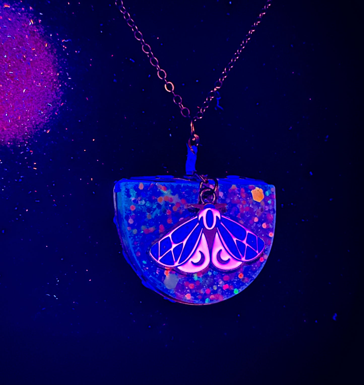 Moth Rave Necklace - UV Reactive Pink Glitter Jewelry for Parties, Festivals and Raves - Unique Statement Jewelry