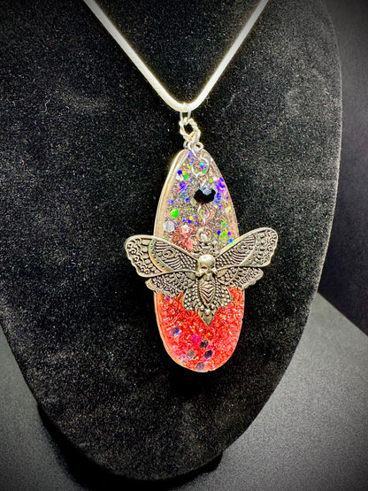 Glitter Rave Necklace - Skull Moth Charm, UV Reactive Pendant for Festivals & Parties, Unique Blacklight Jewelry