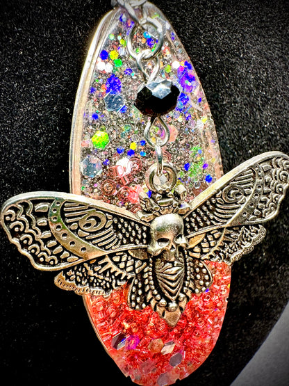 Glitter Rave Necklace - Skull Moth Charm, UV Reactive Pendant for Festivals & Parties, Unique Blacklight Jewelry