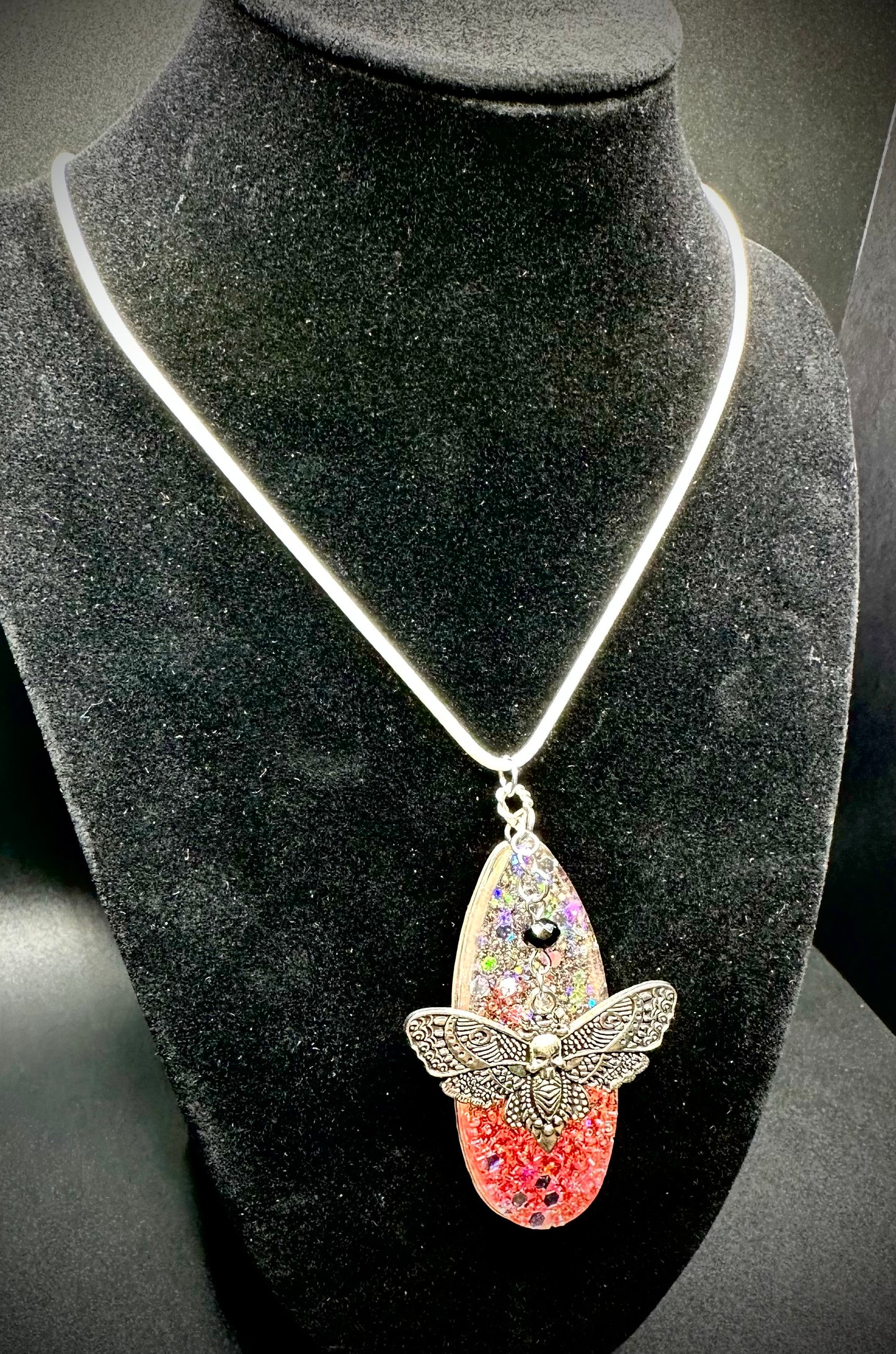 Glitter Rave Necklace - Skull Moth Charm, UV Reactive Pendant for Festivals & Parties, Unique Blacklight Jewelry