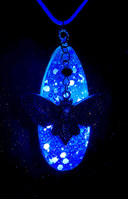 Glitter Rave Necklace - Skull Moth Charm, UV Reactive Pendant for Festivals & Parties, Unique Blacklight Jewelry