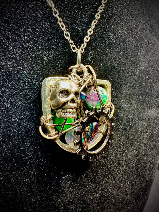 Wire Wrapped Pendant Necklace with Skull & Beads, Punk Jewelry, Gothic Necklace, Rocker Gift, Boho Chic Accessory