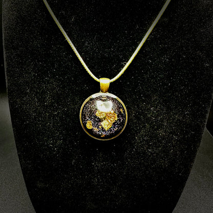 Gold Foil Galaxy Resin Pendant – Handmade Cosmic Necklace with Sparkling Glitter – Celestial Jewelry Gift in Antiqued Gold Bezel