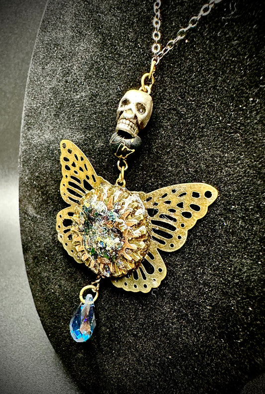 Moth Skull Necklace with Skull Charm & Vintage Centerpiece, Gothic Jewelry with Crystal Beads, Unique Artisan Gift