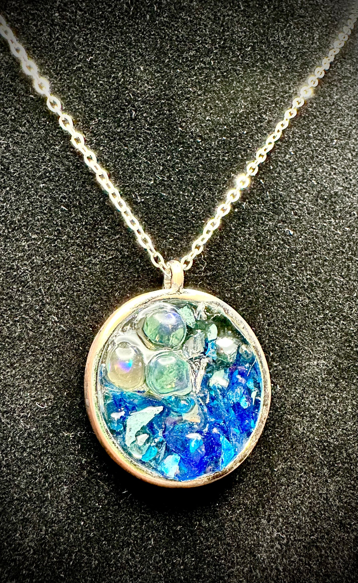 Ocean Bubble Pendant Necklace with Crushed Glass, Beads & Resin | Unique Boho Ocean Jewelry | Beach-Inspired Accessory