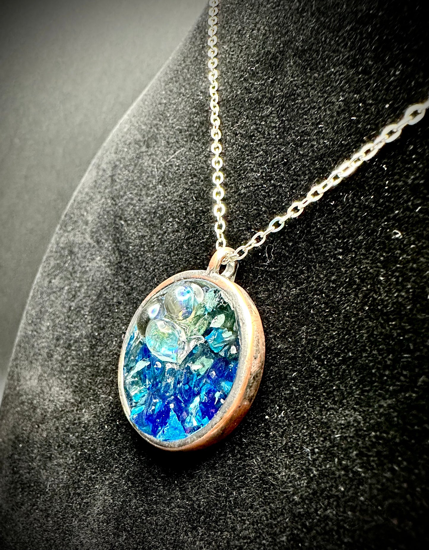 Ocean Bubble Pendant Necklace with Crushed Glass, Beads & Resin | Unique Boho Ocean Jewelry | Beach-Inspired Accessory