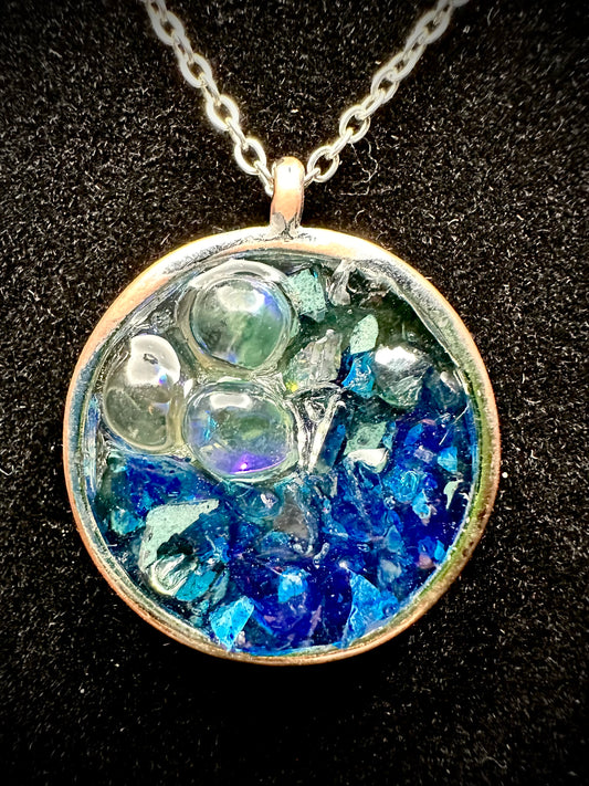 Ocean Bubble Pendant Necklace with Crushed Glass, Beads & Resin | Unique Boho Ocean Jewelry | Beach-Inspired Accessory