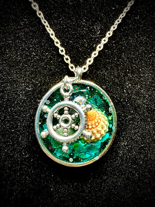 Nautical Charm Necklace with Ship Wheel, Seashell & Teal Resin – Handmade Beach Jewelry, Ocean Inspired Gift