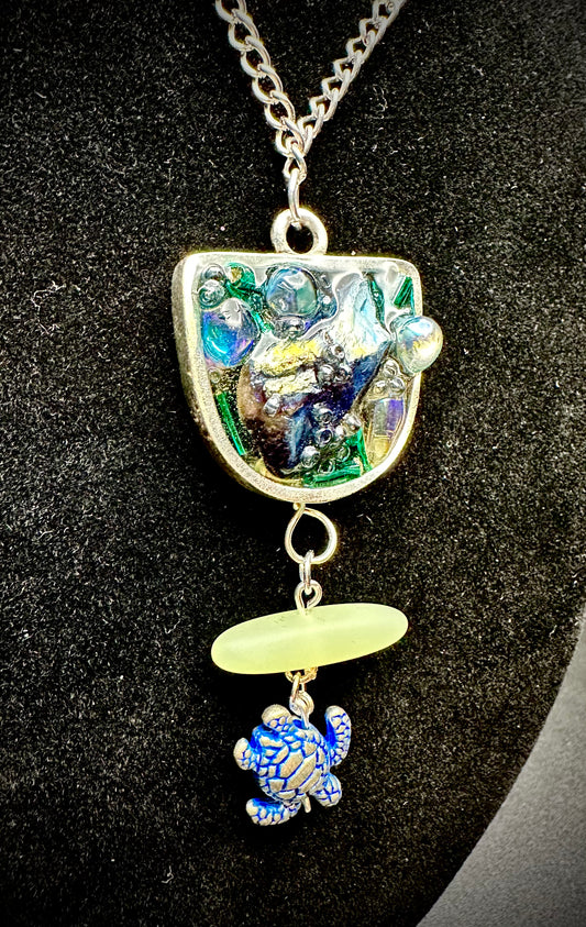 Ocean-Inspired Mixed Media Pendant with Blue Sea Turtle, Sea Glass, and Iridescent Resin Accents