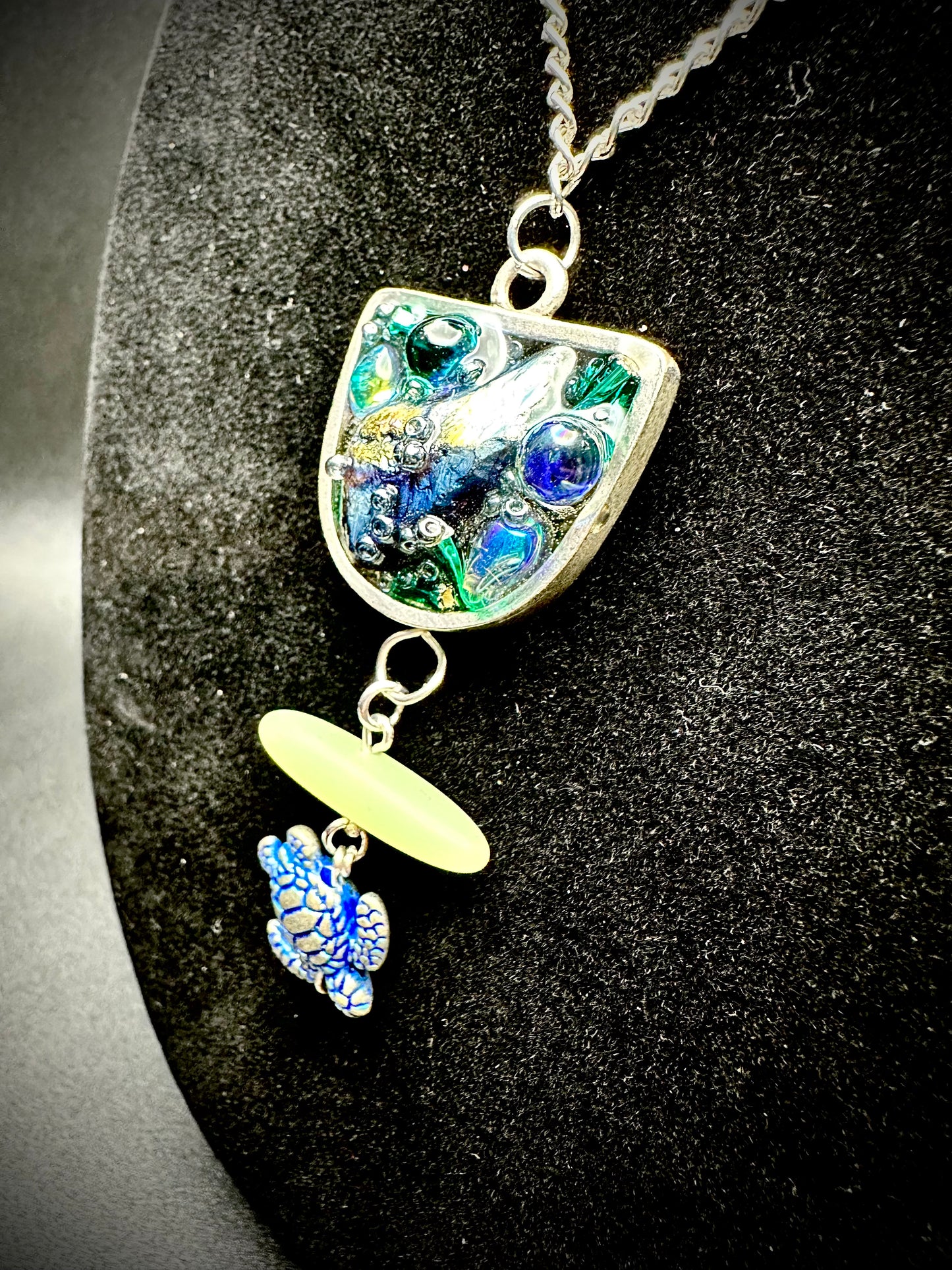 Ocean-Inspired Mixed Media Pendant with Blue Sea Turtle, Sea Glass, and Iridescent Resin Accents