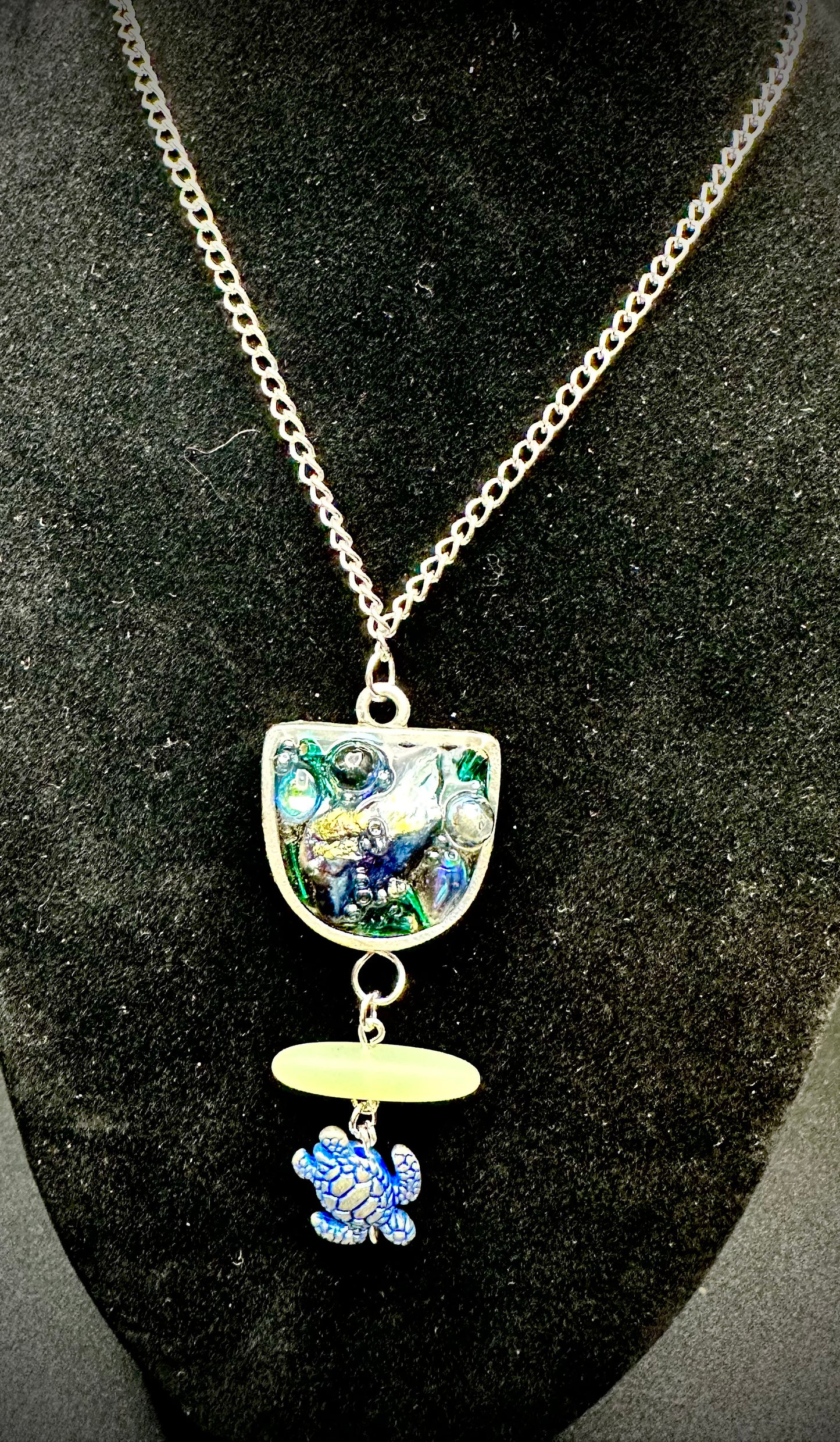 Ocean-Inspired Mixed Media Pendant with Blue Sea Turtle, Sea Glass, and Iridescent Resin Accents