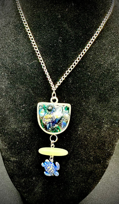 Ocean-Inspired Mixed Media Pendant with Blue Sea Turtle, Sea Glass, and Iridescent Resin Accents