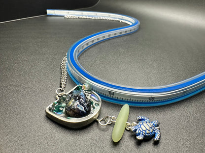 Ocean-Inspired Mixed Media Pendant with Blue Sea Turtle, Sea Glass, and Iridescent Resin Accents