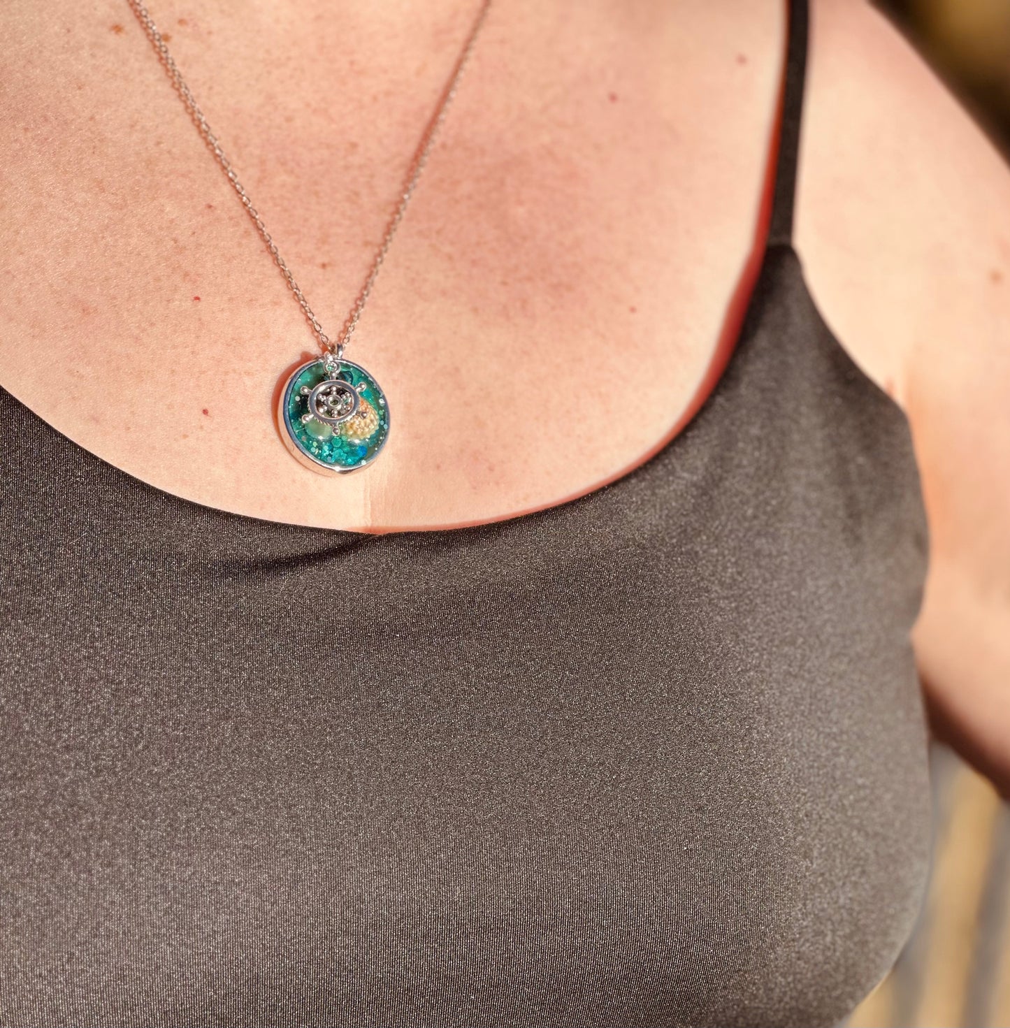 Nautical Charm Necklace with Ship Wheel, Seashell & Teal Resin – Handmade Beach Jewelry, Ocean Inspired Gift