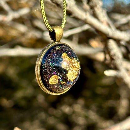 Gold Foil Galaxy Resin Pendant – Handmade Cosmic Necklace with Sparkling Glitter – Celestial Jewelry Gift in Antiqued Gold Bezel