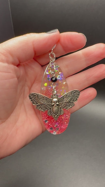 Glitter Rave Necklace - Skull Moth Charm, UV Reactive Pendant for Festivals & Parties, Unique Blacklight Jewelry