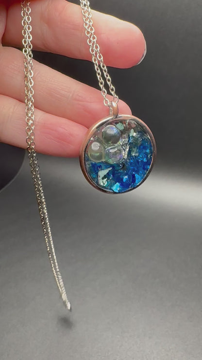 Ocean Bubble Pendant Necklace with Crushed Glass, Beads & Resin | Unique Boho Ocean Jewelry | Beach-Inspired Accessory