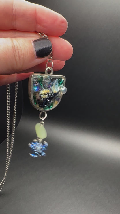 Ocean-Inspired Mixed Media Pendant with Blue Sea Turtle, Sea Glass, and Iridescent Resin Accents