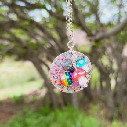 Rainbow Druzy Pendant Necklace with Mushroom Charms